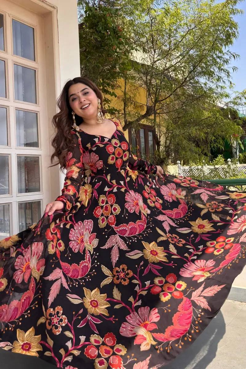 Designer Natural Silk Digital Print Anarkali Suit Set