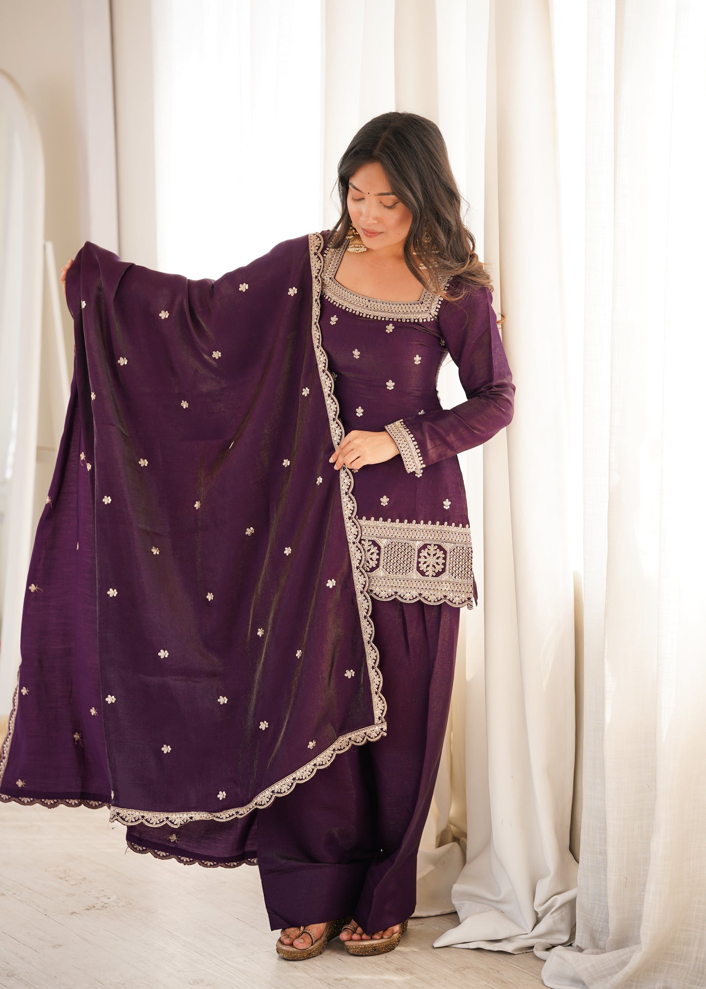 Premium Glass Roman Silk Embroidered Kurta Farshi Shalwar Set with Dupatta