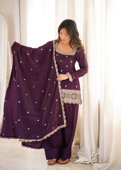 Premium Glass Roman Silk Embroidered Kurta Farshi Shalwar Set with Dupatta