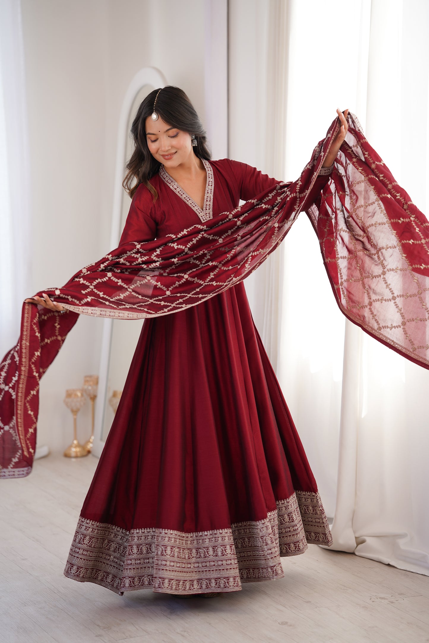 Royal Blooming Vichitra Silk Full Kali Anarkali Gown Set