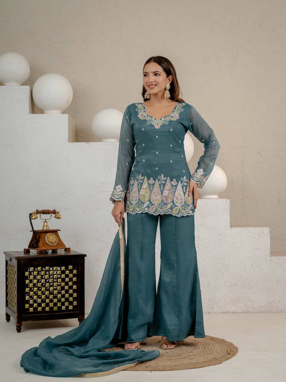 Heavy Crunchy Silk Embroidered Kurta Set with Palazzo & Dupatta