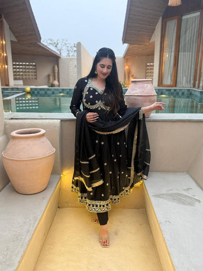 Heavy Vichitra Silk Designer Anarkali Suit with Embroidery & Organza Dupatta