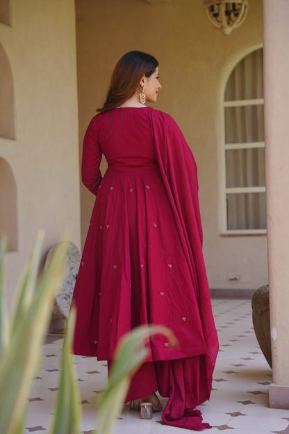 Heavy Roman Silk Embroidered Anarkali Kurta Set with Palazzo & Chanderi Silk Dupatta