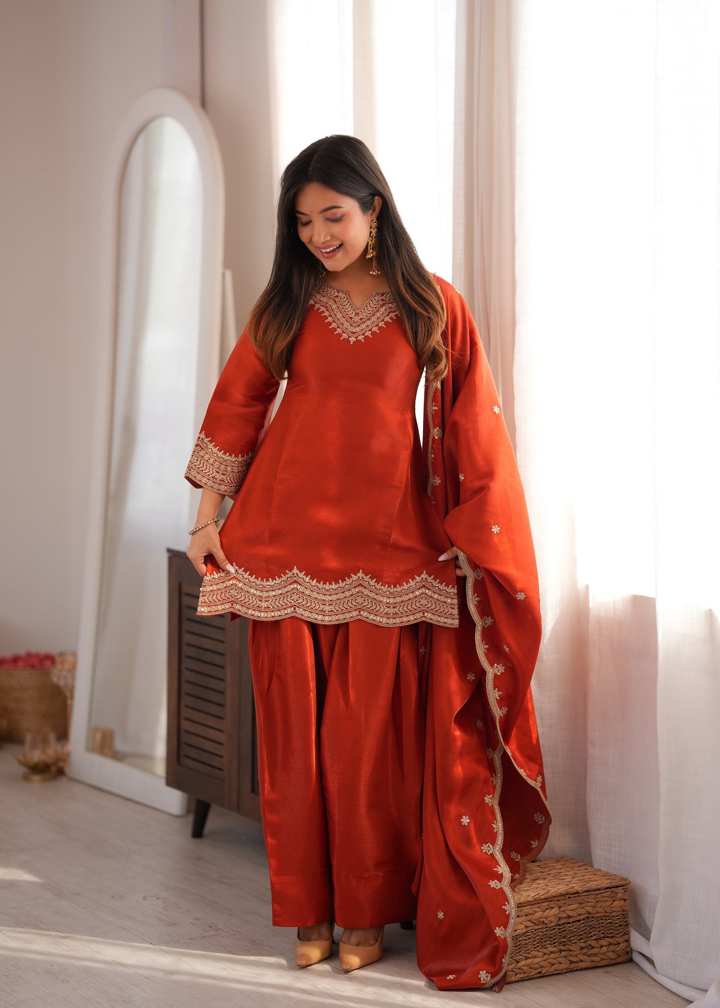 Designer Party Wear Farshi Suit Set | Glass Roman Silk | Ready to Wear
