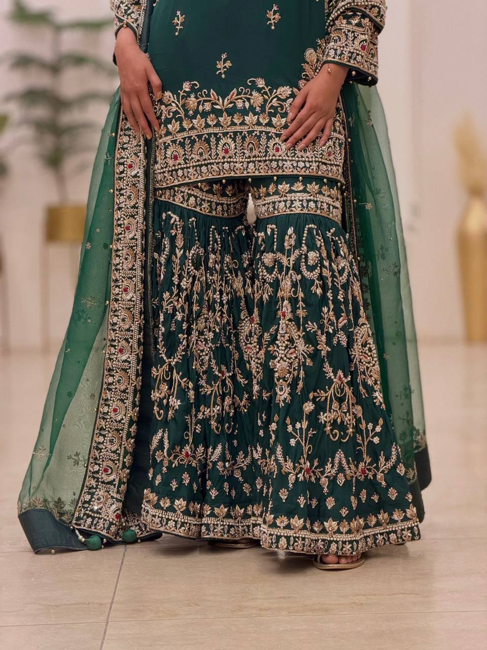 Heavy Faux Georgettec Sharara Suit Set with Meena Stone & Ceramic Moti Handwork