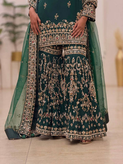 Heavy Faux Georgettec Sharara Suit Set with Meena Stone & Ceramic Moti Handwork