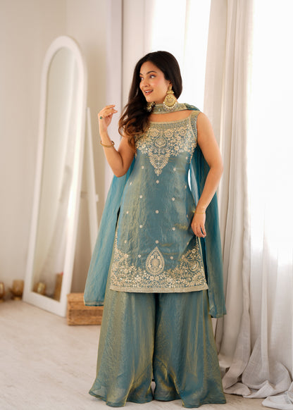 Premium Pure Fendy Silk Embroidered Sharara Set with Dupatta