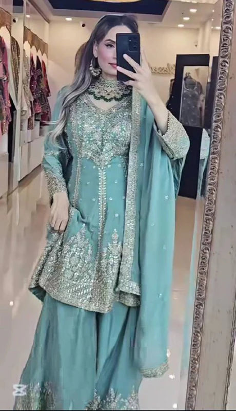 Heavy Chinon Silk Embroidered Top Sharara Palazzo Set with Dupatta