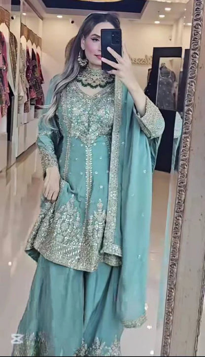 Heavy Chinon Silk Embroidered Top Sharara Palazzo Set with Dupatta