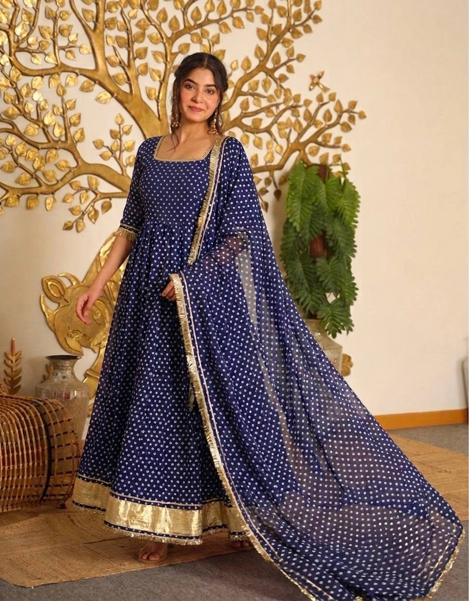 Bandhej Print Faux Georgette Gown Set with Dupatta & Bottom