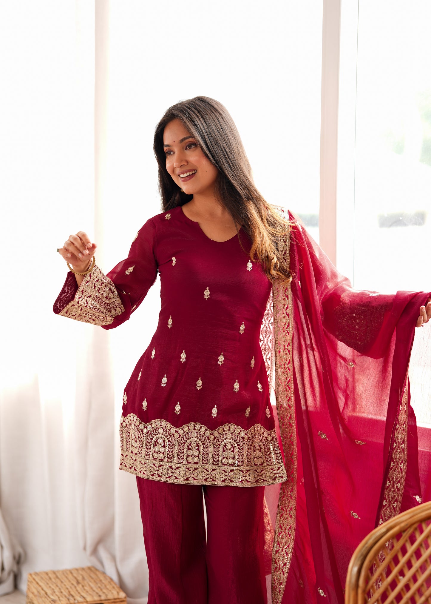 Designer Crunchy Silk Embroidered Kurta Bell Bottom Pant Set with Dupatta