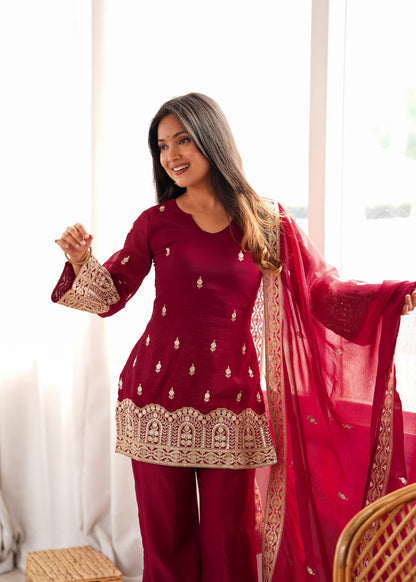 Designer Crunchy Silk Embroidered Kurta Bell Bottom Pant Set with Dupatta