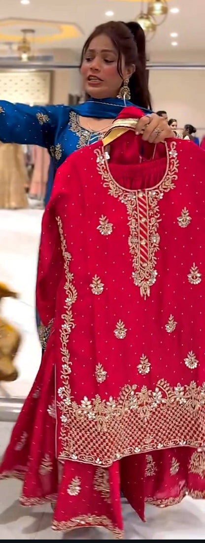 Heavy Chinon Silk Sequence Embroidery Sharara Set with Dupatta