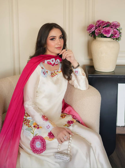 Heavy Roman Glass Silk Embroidered Sharara Suit Set with Chiffon Dupatta