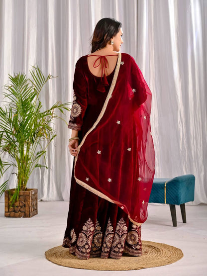 Royal Party Wear Velvet Anarkali Suit with Embroidered Net Dupatta
