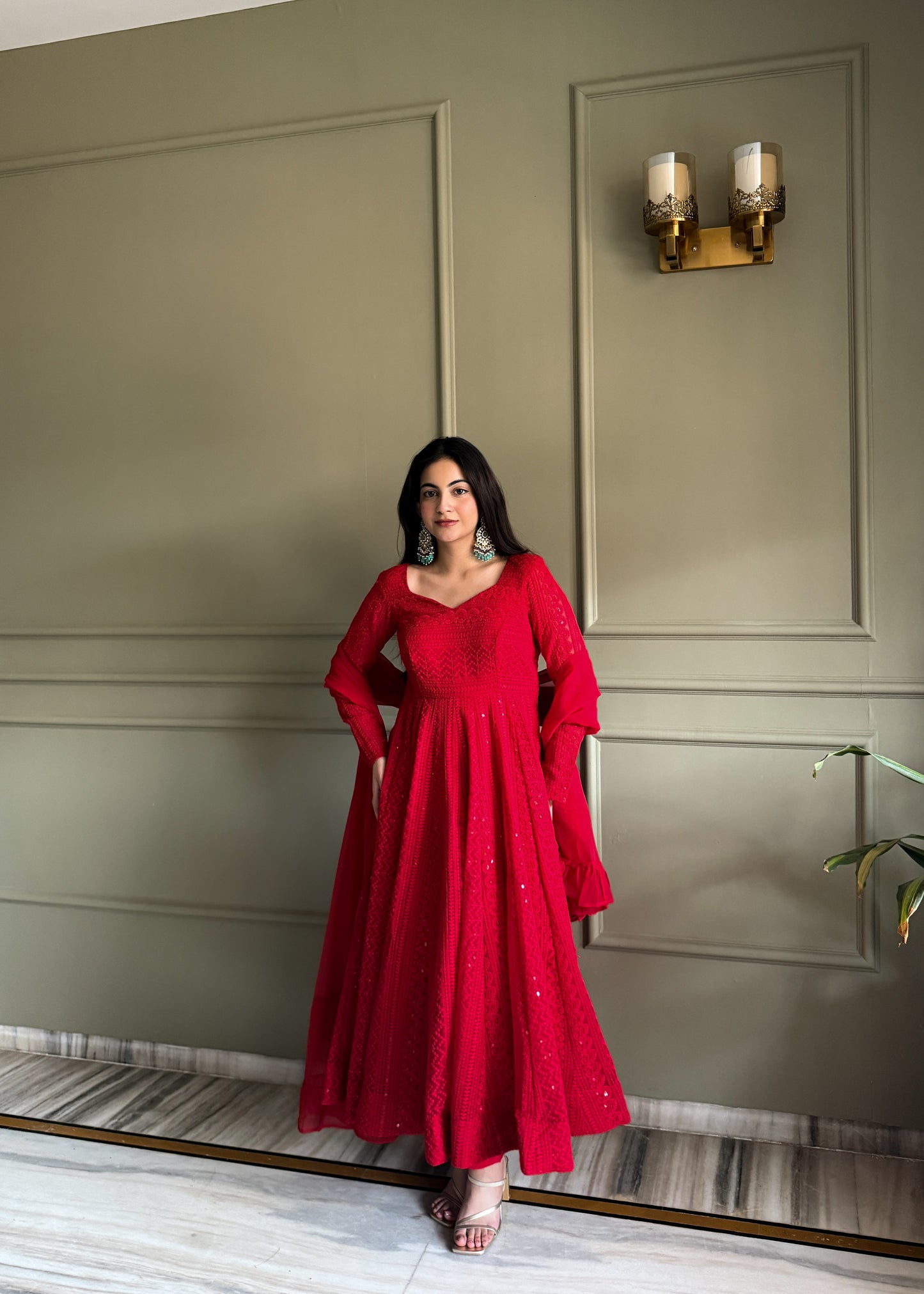 Heavy Fox Georgette Lucknowi Embroidered Anarkali Gown Set with Dupatta