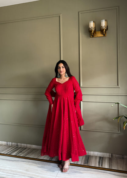 Heavy Fox Georgette Lucknowi Embroidered Anarkali Gown Set with Dupatta