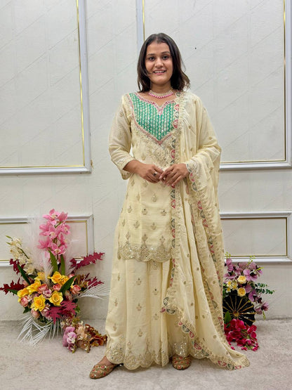 Chinon Silk Embroidered Mirror Work Palazzo Suit Set with Dupatta