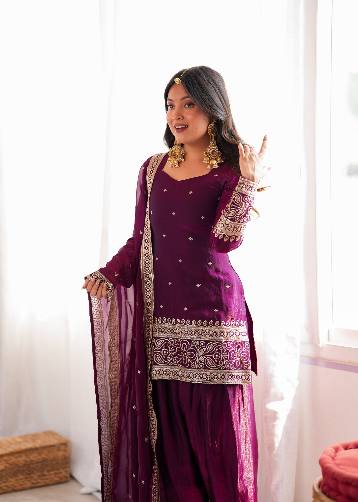 Heavy Fendy Silk Embroidered Kurta with Farshi Shalwar & Roman Silk Dupatta