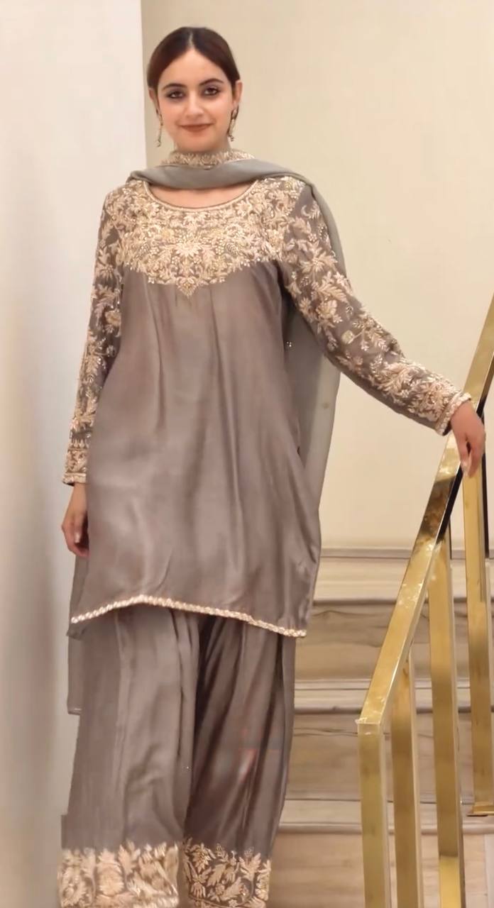 Premium Chinon Silk  Sequence Work Farshi Plazzo Suit Set with Dupatta