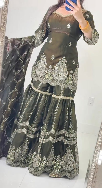 Mustard Designer Sharara Suit Set | Heavy Fandy Crush with 5mm Sequin & Embroidery Work