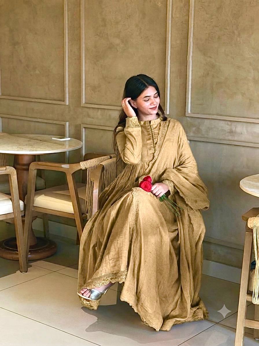 Elegant Heavy Embroidered Roman Silk Gown Set with Dupatta