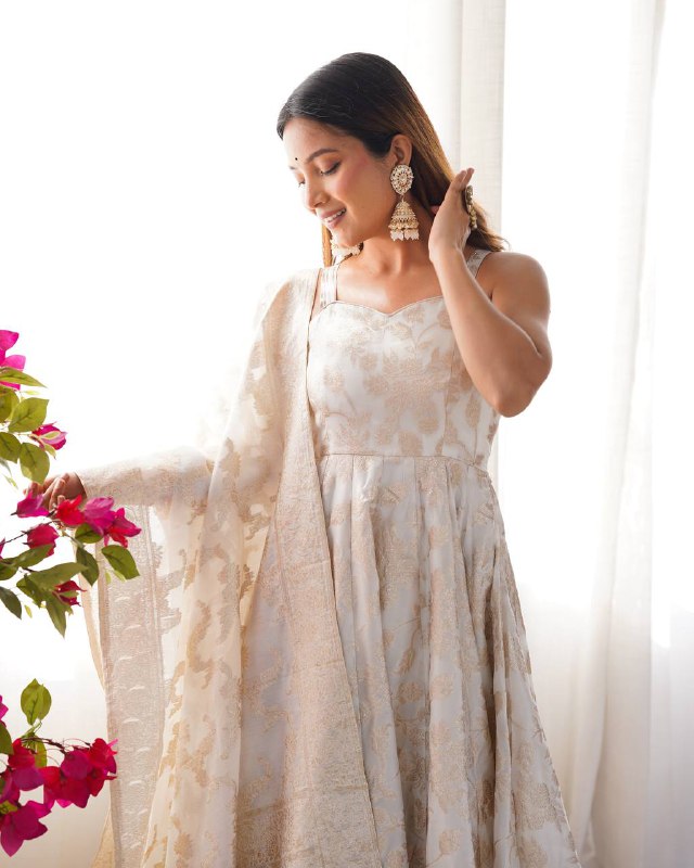 Fancy Banarasi Jackquard Dola Silk Anarkali Gown Set