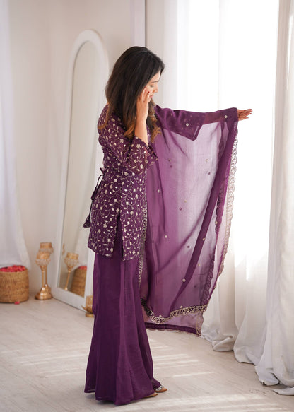Designer Crunchy Silk Kurta Bell Bottom Set With Embroidery Sequence & Zari Work Dupatta