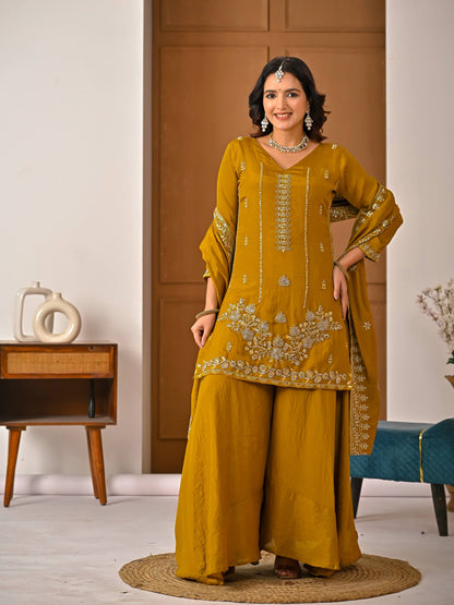 Women's Heavy NC Vichitra Embroidered Sharara Set with Dupatta