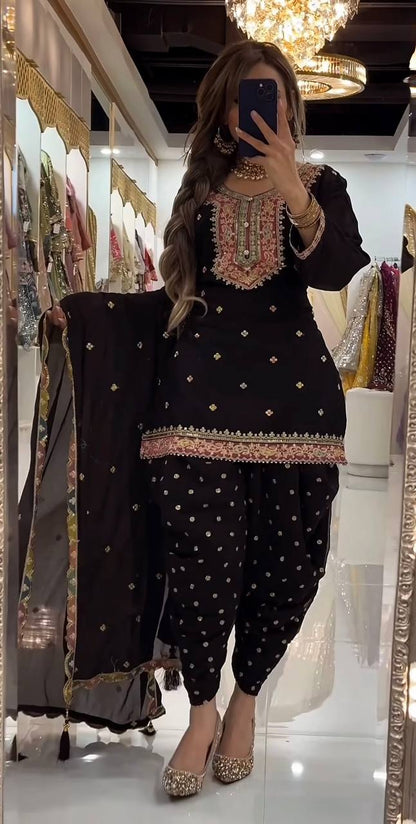Premium Embroidered Georgette Dhoti Style Suit with Dupatta