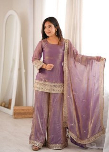 Trendy Silk Embroidered Kurta Palazzo Set with Dupatta