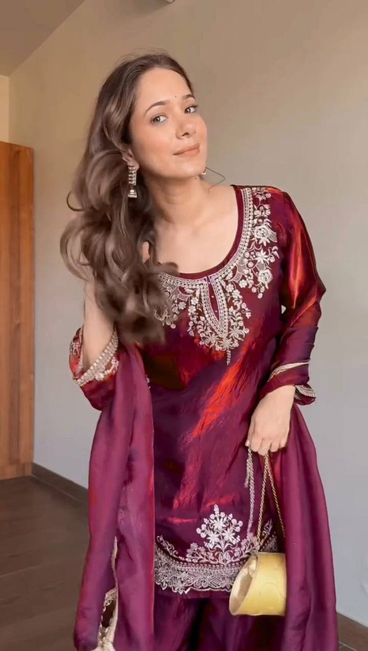 Elegant Fendy Silk Sharara Set with Sequin Embroidery