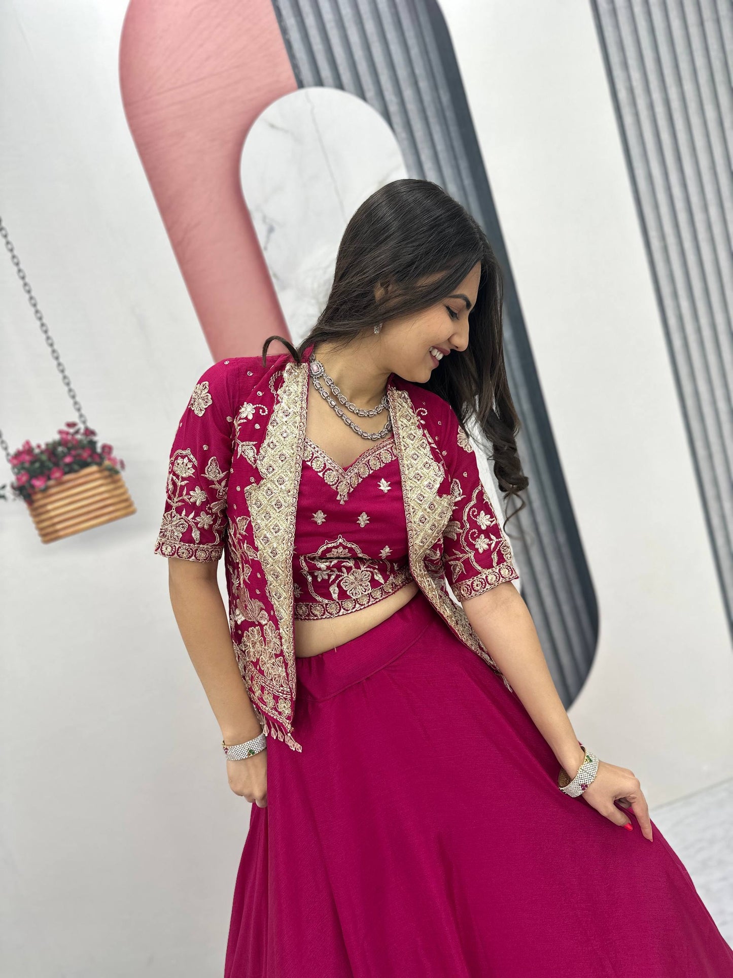 Designer Chinon Crop Top Lehenga Set with Heavy Embroidery Jacket