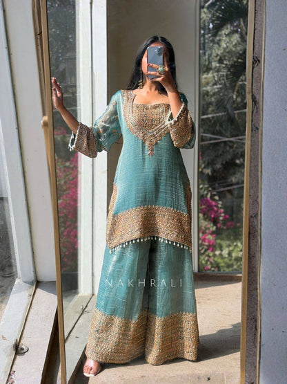 Designer Party Wear Frendy Silk Top Palazzo Set with Heavy Embroidery