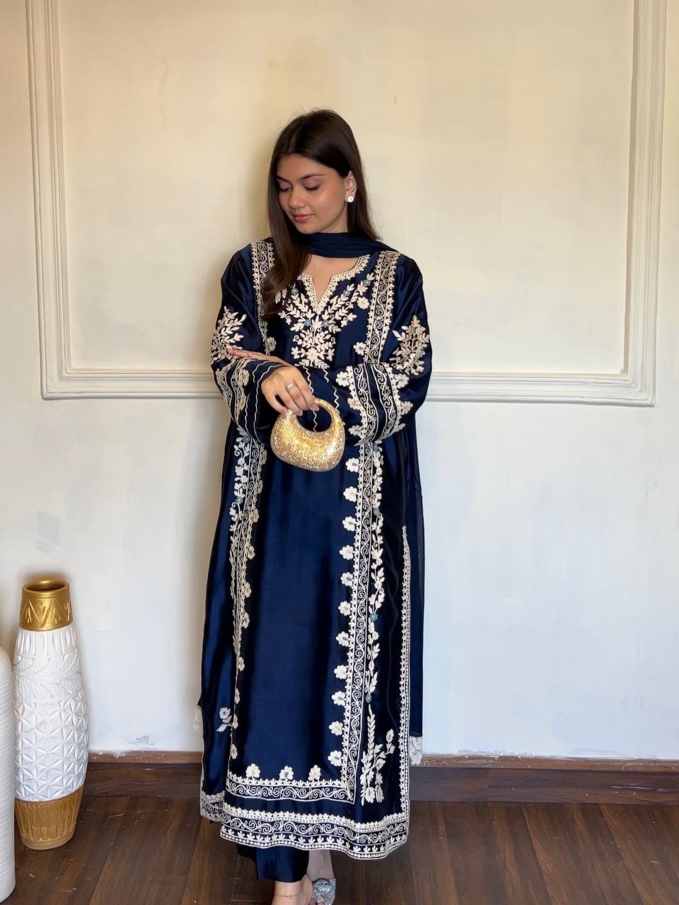 Premium Satin Rayon Embroidered Long Kaftan Set