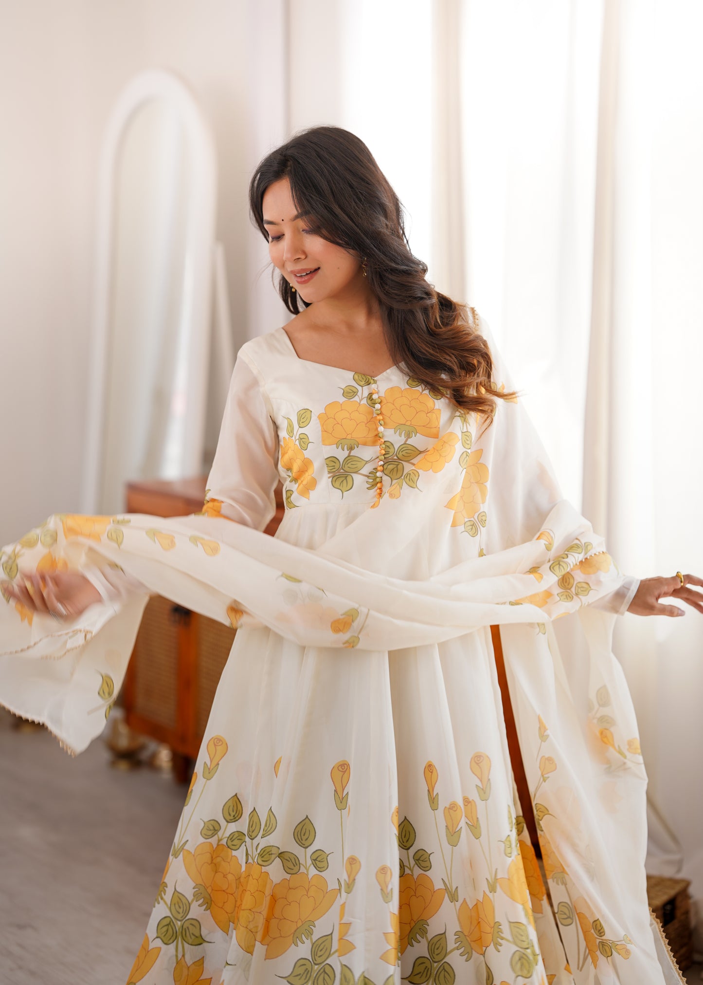 Women's Heavy Organza Silk Floral Print Anarkali Gown Set with Dupatt