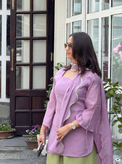 Designer Mal Chanderi Cotton Top With Embroidered Balloon Pant & Dupatta Set
