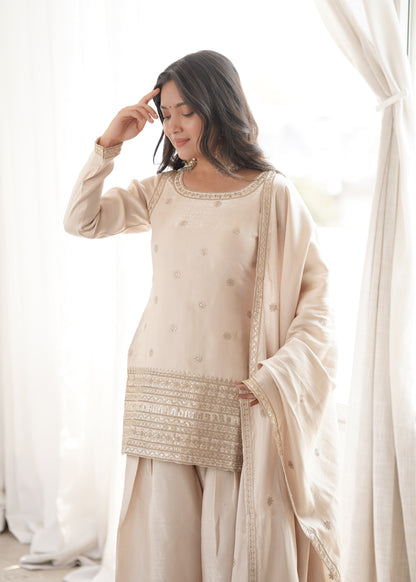Designer Glass Roman Silk Embroidered Kurta with Farshi Shalwar & Dupatta Set