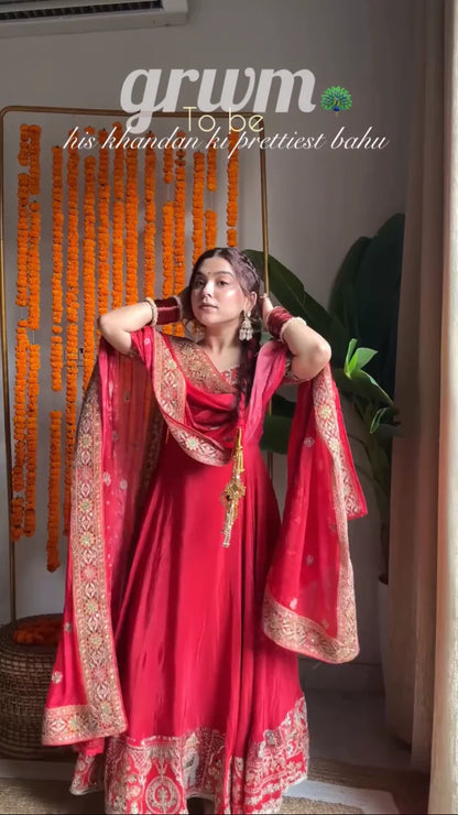 Royal Red Anarkali Set with Heavy Embroidery | Bridal & Festive Wear