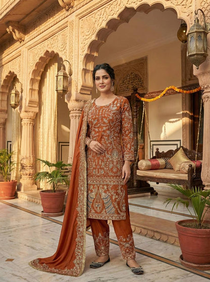 Elegant Crepe Silk Embroidered Suit Set