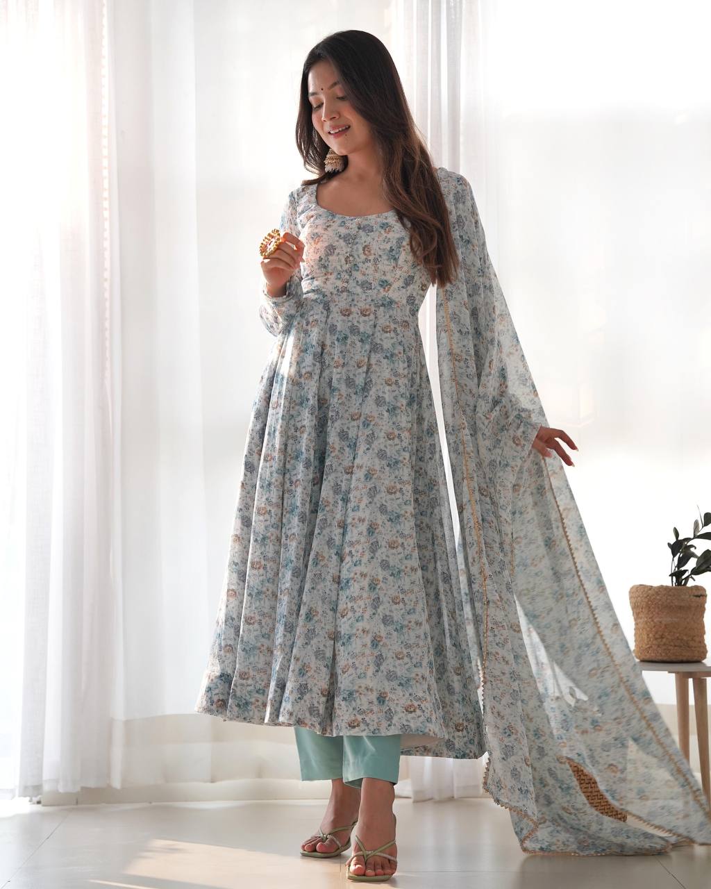 Floral Orange Chiffon Anarkali Set With 4 Meter Flair & Shawl Style Dupatta