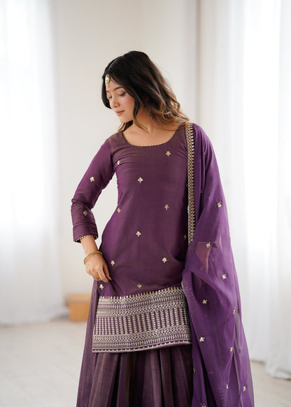 Premium Roman Shimmer Silk Kurta Lehenga Set for Women