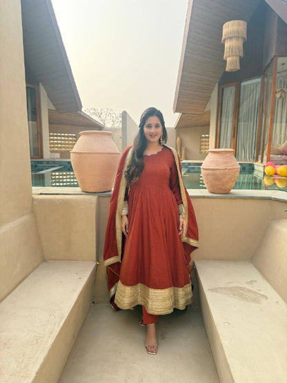Heavy NC Vichitra Embroidered Anarkali Suit Set with Pant & Sequence Dupatta