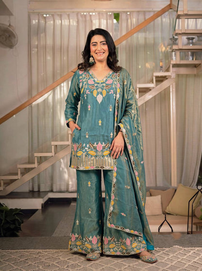 Premium Sindoori Satin Silk Embroidered Palazzo Suit Set for Women