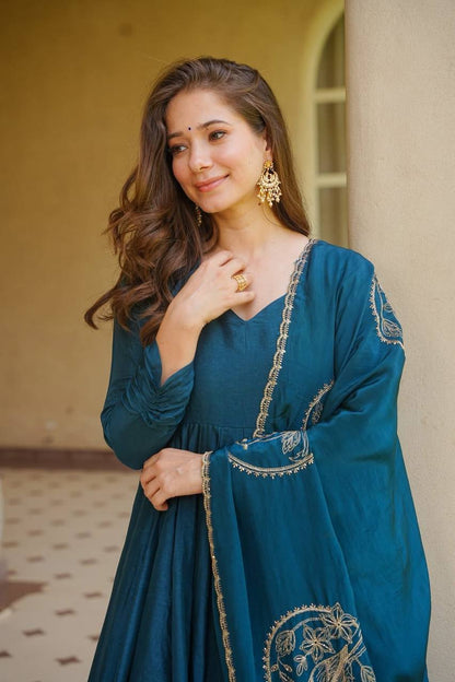 Premium Heavy Vichitra Silk Anarkali Suit Set