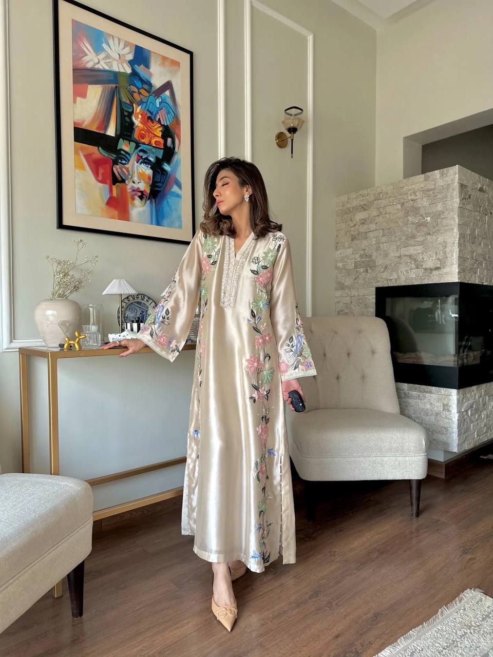 Women's Pure Roman Glass Embroidered Long Kaftan Set with Bottom & Dupatta