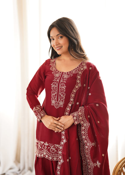 Elegant Glass Roman Silk Kurta Farshi Shalwar Set with Embroidered Dupatta