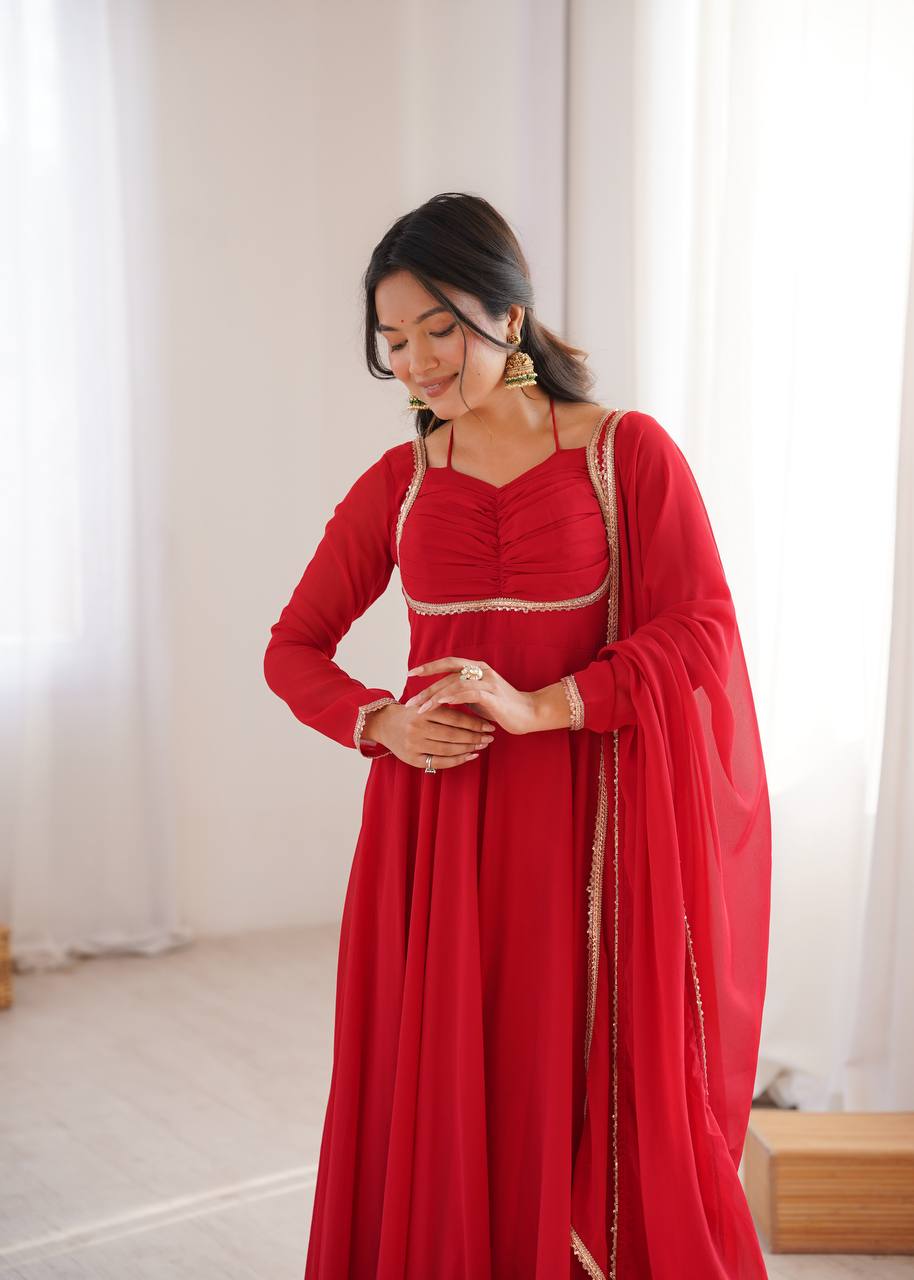 Premium Designer Fox Georgette Long Gown with Rich Flare & Lace Dupatta