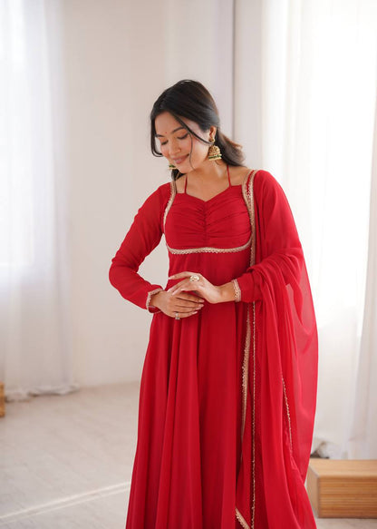 Premium Designer Fox Georgette Long Gown with Rich Flare & Lace Dupatta
