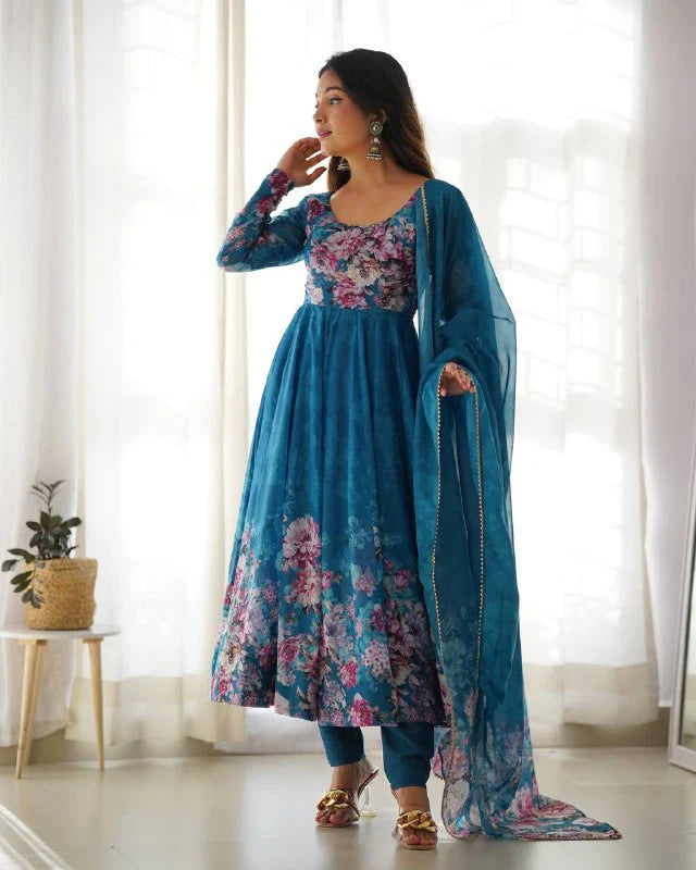Pure Soft Organza Silk Fully Flared Kali Cut Anarkali Suit Set with Dupatta & Pant